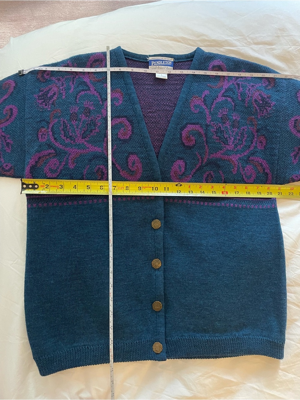 Vintage 100% Wool Made in USA Pendleton Teal & Purple Jacquard Cardigan Sz L - Picture 6 of 7